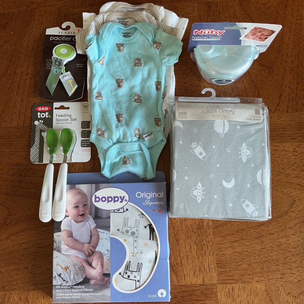 8 pc Gerber Boppy Newborn Baby Gift Set Blue Gray Space Animal Nursery Bundle